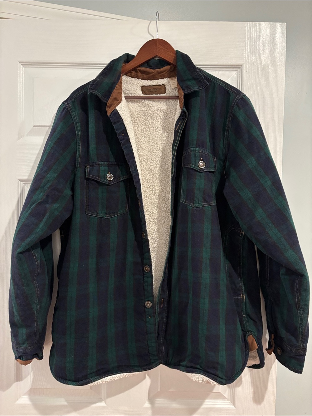 Vintage Green & Navy Sherpa-Lined Plaid Shacket